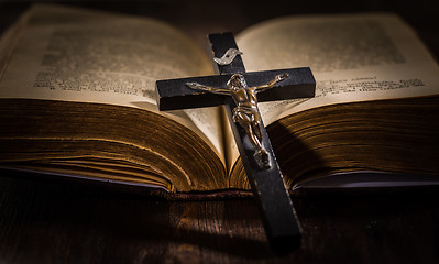 Image showing Holy bible with wooden cross