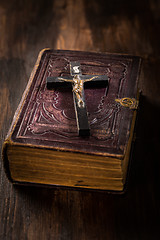 Image showing Holy bible with wooden cross