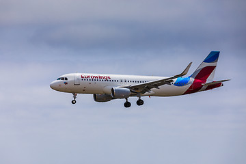 Image showing ARECIFE, SPAIN - APRIL, 15 2017: AirBus A320 - 200 of Eurowings 