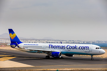 Image showing ARECIFE, SPAIN - APRIL, 16 2017: AirBus A321 of ThomasCook.com w