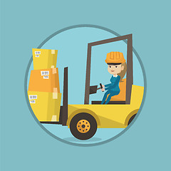 Image showing Warehouse worker moving load by forklift truck.