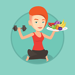 Image showing Healthy woman with fruits and dumbbell.