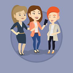 Image showing Three smiling friends looking at mobile phone.