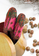 Image showing knitted socks in wooden box