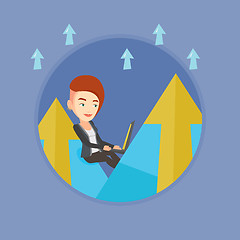 Image showing Business woman working on laptop in the mountains.