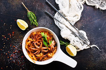 Image showing spaghetty with shrimps