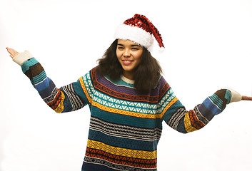 Image showing cute young real african hipster girl in santas red hat isolated 