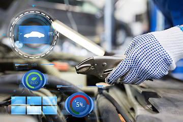 Image showing mechanic man with pliers repairing car at workshop