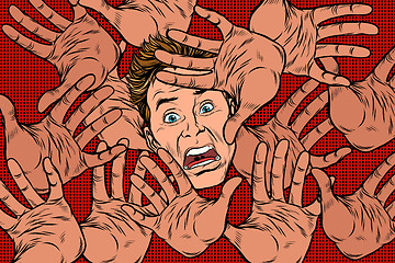 Image showing Horror fear background, hands and frightened face