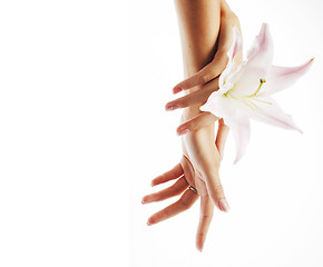 Image showing beauty delicate hands with manicure holding flower lily