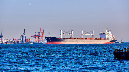 Image showing Blue Tanker Ship Passing in Bosphorus Strait