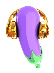 Image showing eggplant with headphones on a white background. Eggplant for far