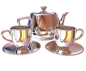 Image showing Chrome Teapot and mugs. 3d illustration