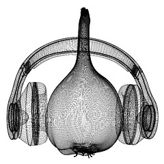 Image showing Head of garlic with headphones on a white background. 3D illustr