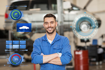Image showing happy auto mechanic man or smith at car workshop