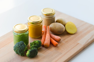 Image showing vegetable puree or baby food in glass jars