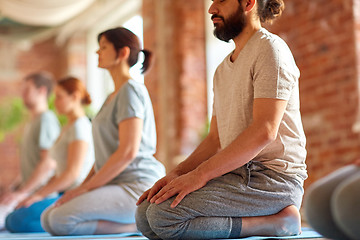 Image showing group of people doing yoga kneeling pose at studio