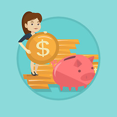 Image showing Business woman putting coin in piggy bank.