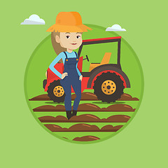 Image showing Farmer standing with tractor on background.