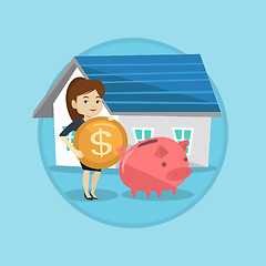 Image showing Woman puts money into piggy bank for buying house.