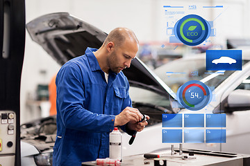 Image showing mechanic man with wrench repairing car at workshop