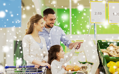 Image showing family weighing oranges on scale at grocery store