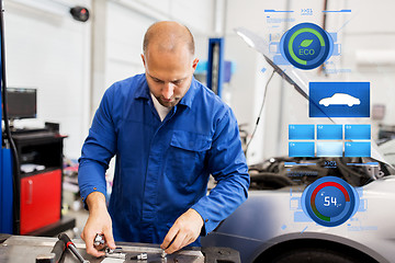 Image showing mechanic man with wrench repairing car at workshop