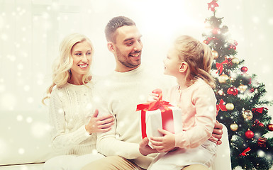 Image showing happy family at home with christmas gift