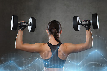 Image showing young woman flexing muscles with dumbbells in gym