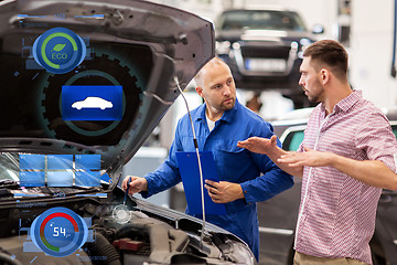 Image showing auto mechanic with clipboard and man at car shop