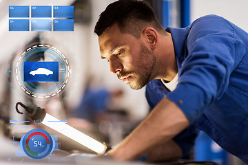 Image showing mechanic man with lamp repairing car at workshop