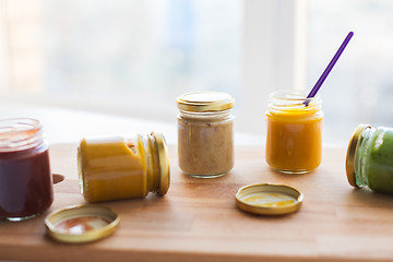 Image showing vegetable or fruit puree or baby food in jars