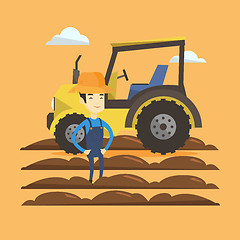 Image showing Farmer standing with tractor on background.