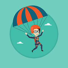 Image showing Young happy woman flying with parachute.