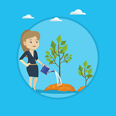 Image showing Business woman watering trees vector illustration.