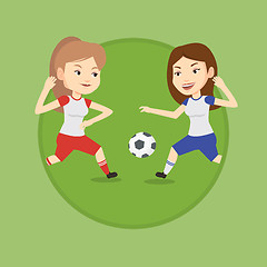 Image showing Two female soccer players fighting for ball.