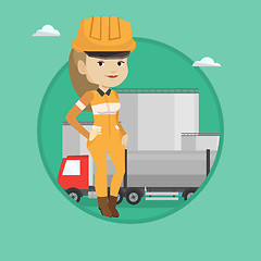 Image showing Worker on background of fuel truck and oil plant.