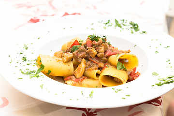 Image showing Italian Paccheri pasta  with Swordfish