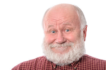 Image showing Senior man shows surprised smile facial expression, isolated on white