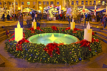 Image showing Mandusevac fountain on Ban Jelacic square decorated with advent 