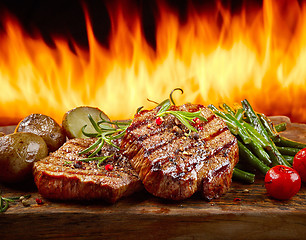 Image showing freshly grilled steaks and vegetables