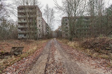Image showing Abandoned buildings in overgrown ghost city Pripyat.