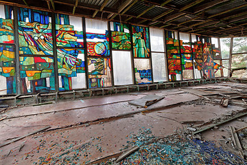 Image showing Stained glass inside of abandoned and ruined building of river port in overgrown ghost city Pripyat.