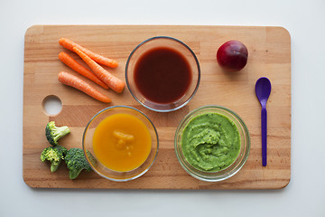 Image showing vegetable puree or baby food in glass bowls