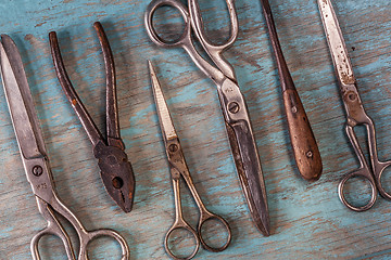 Image showing Collection of vintage tools on a blue wooden background