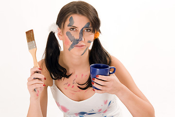 Image showing young woman making coffee break