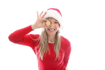 Image showing Cheerful woman holding a Bitcoin or Bitcoin Cash