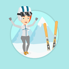 Image showing Cheerful skier standing with raised hands.