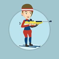 Image showing Cheerful biathlon runner aiming at the target.