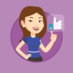 Image showing Woman pressing like button vector illustration.